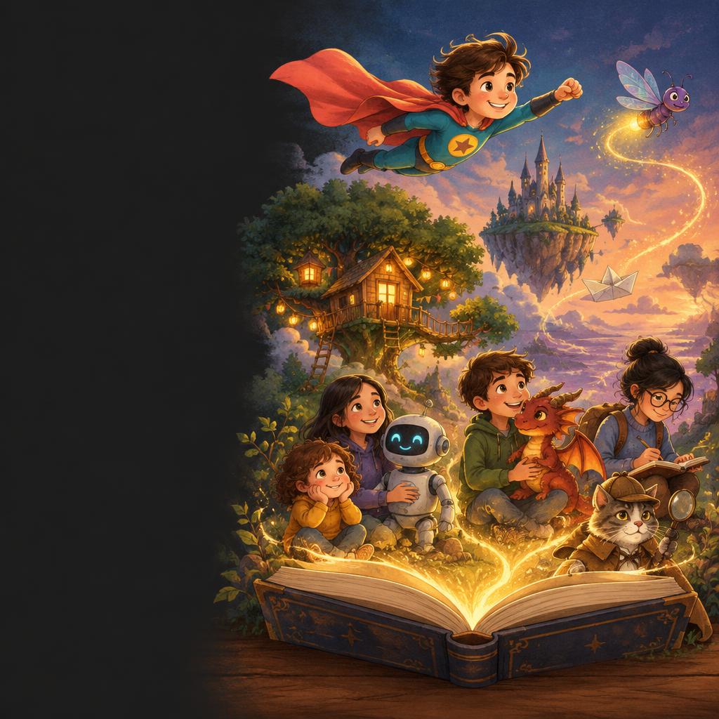 Sparkbug brings a storybook to life with a superhero, young creators, a friendly robot, a dragon and a mischievous cat in a treehouse garden